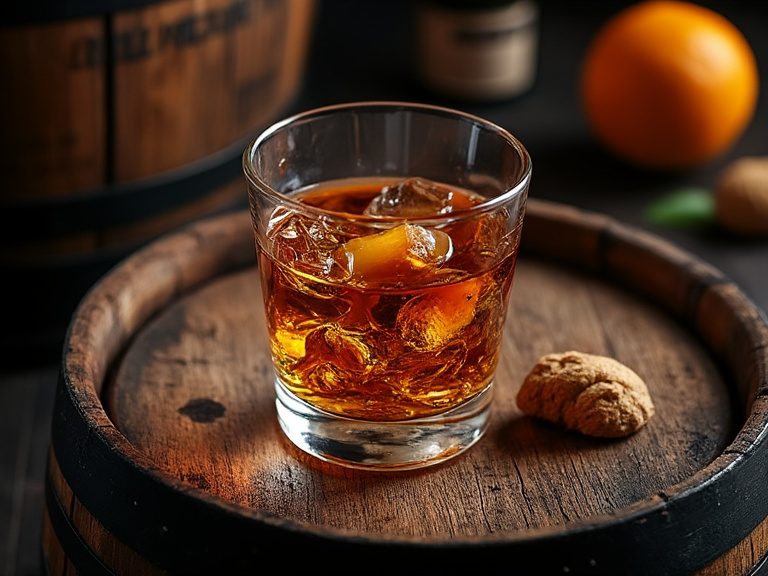 Rum-Flasche und Notizbuch auf Holztisch