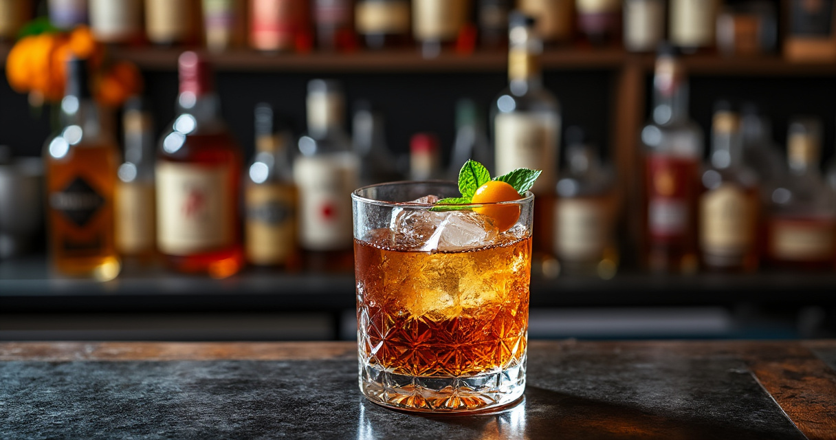 Dunkler Rum mit Holzfass und eleganten Gläsern