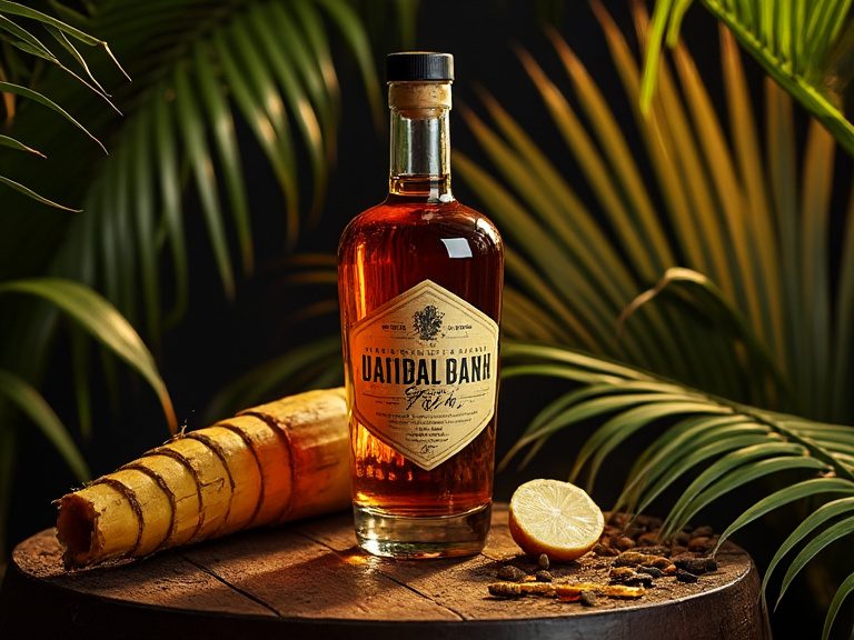 Karibischer Strand mit Rum-Flasche und Kokosnüssen