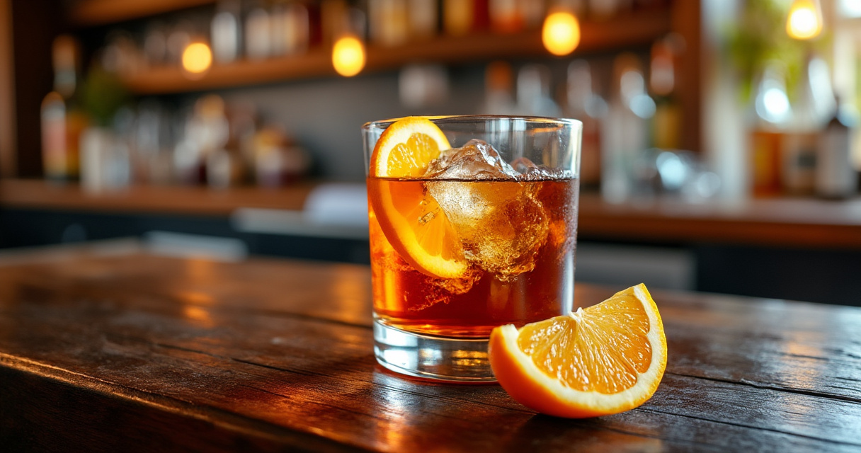 Rum-Flasche mit offenem Buch und Notizen auf Holztisch