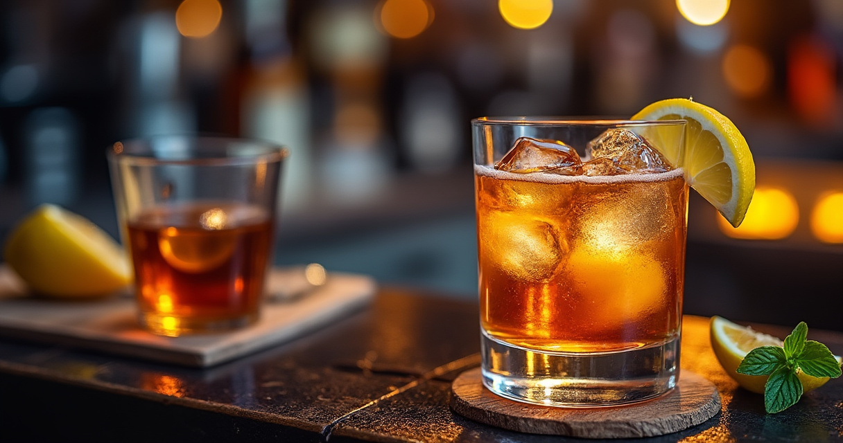 Rum-Flaschen und Gläser auf elegantem Holztisch