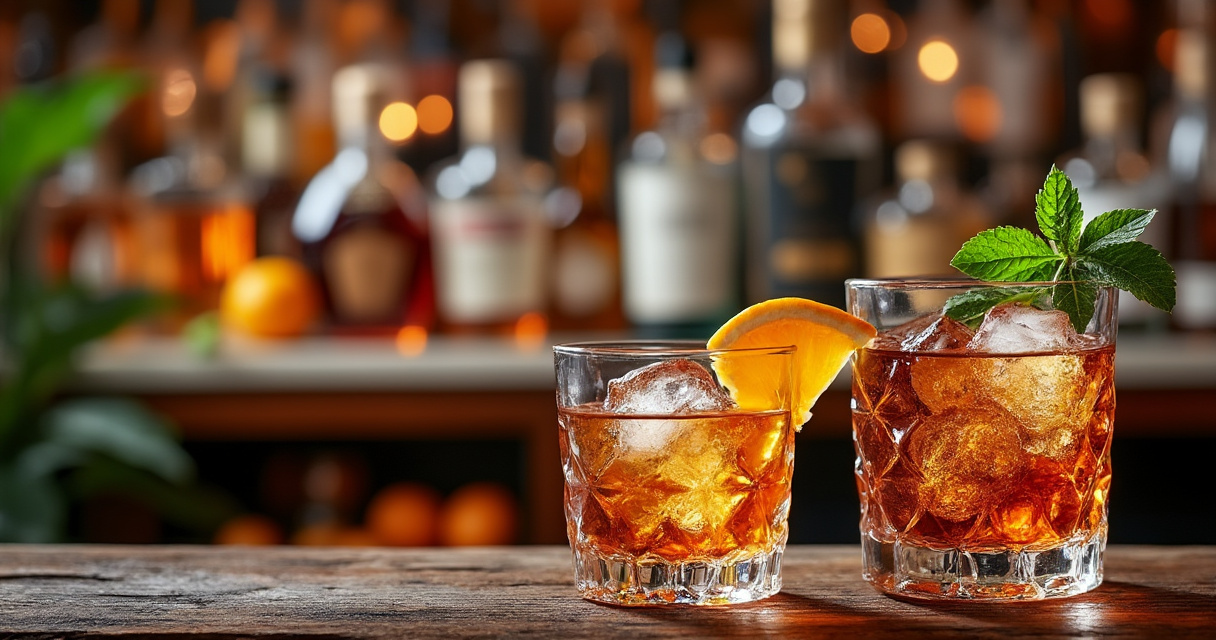 Elegante Rum-Karaffe und Gläser auf Holztisch