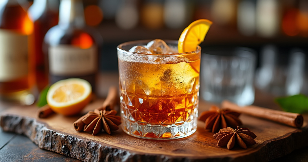 Spiced-Rum-Flasche mit Gewürzen und Cocktail-Umgebung