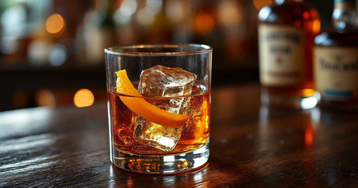 Eleganter Rum Old Fashioned mit großem Eiswürfel