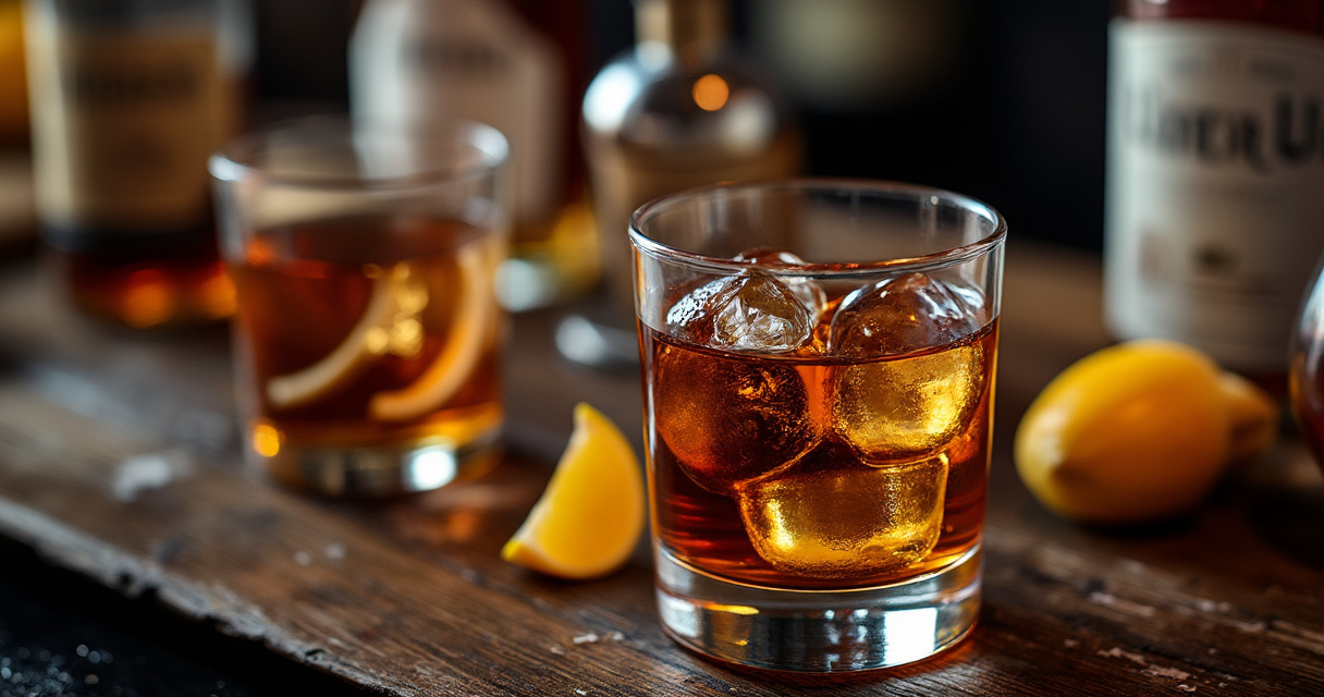 Premium dunkle Rum-Flaschen und Gläser