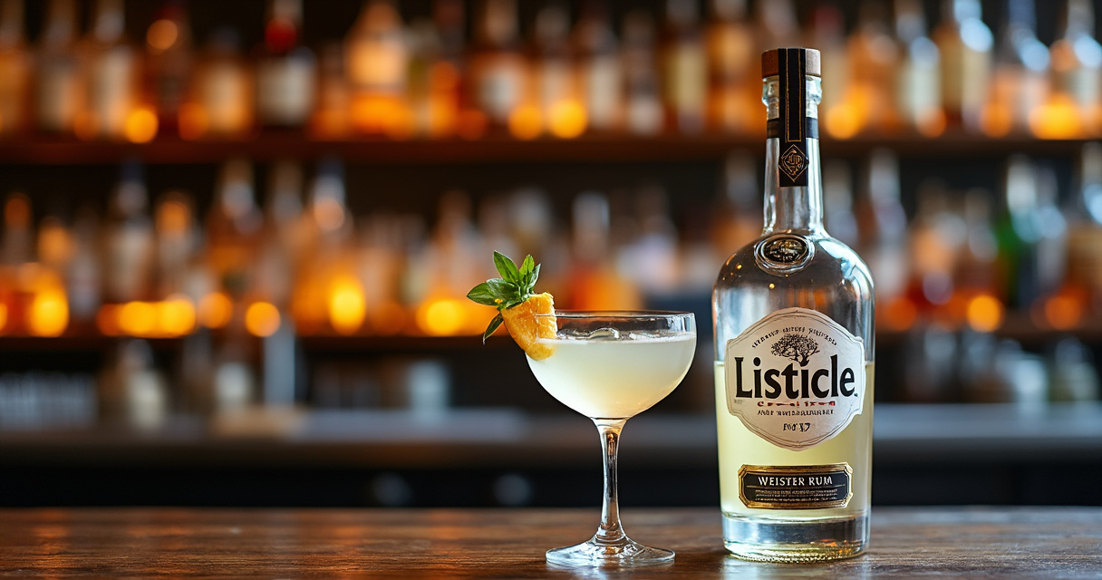 Weisse Rum-Flaschen in Cocktail-Umgebung