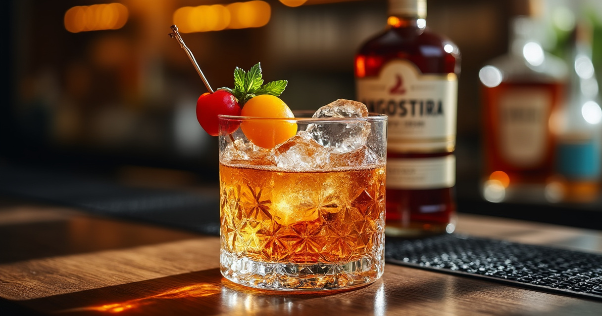Angostura Rum Flaschen vor tropischem Hintergrund